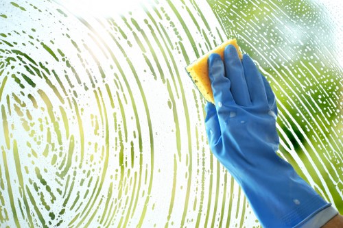 Professional cleaning team working in a Docklands office lobby